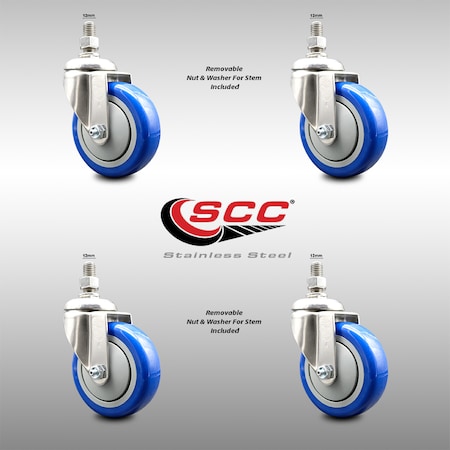 Service Caster 4 Inch 316SS Blue Polyurethane Wheel Swivel 12mm Threaded Stem Caster Set SCC-SS316TS20S414-PPUB-BLUE-M1215-4